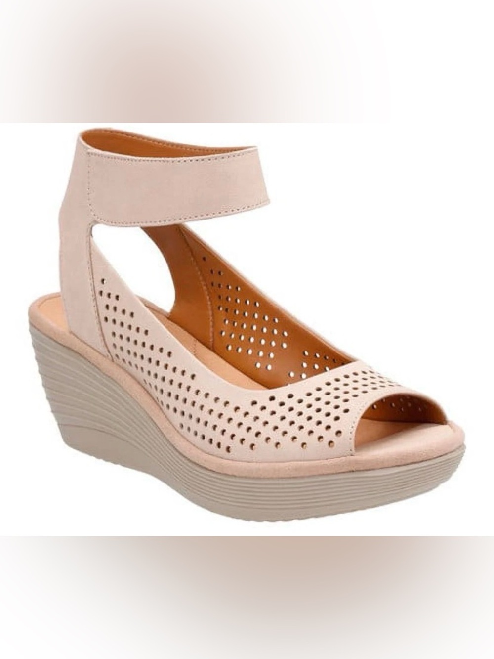 Clarks | Reedly Salene Pale Blush Nubuck Leather Perforated Wedge Sandals